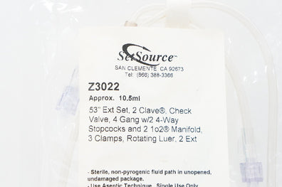SetSource Z3022 Approx. 10.5mL, Ext Set w/2 Clave, Check Valve, Clamp, 53in (x)